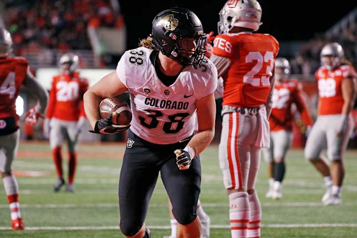 Colorado tight end Brady Russell (38) celebrates his touchdown against Utah on Nov. 30, 2019.